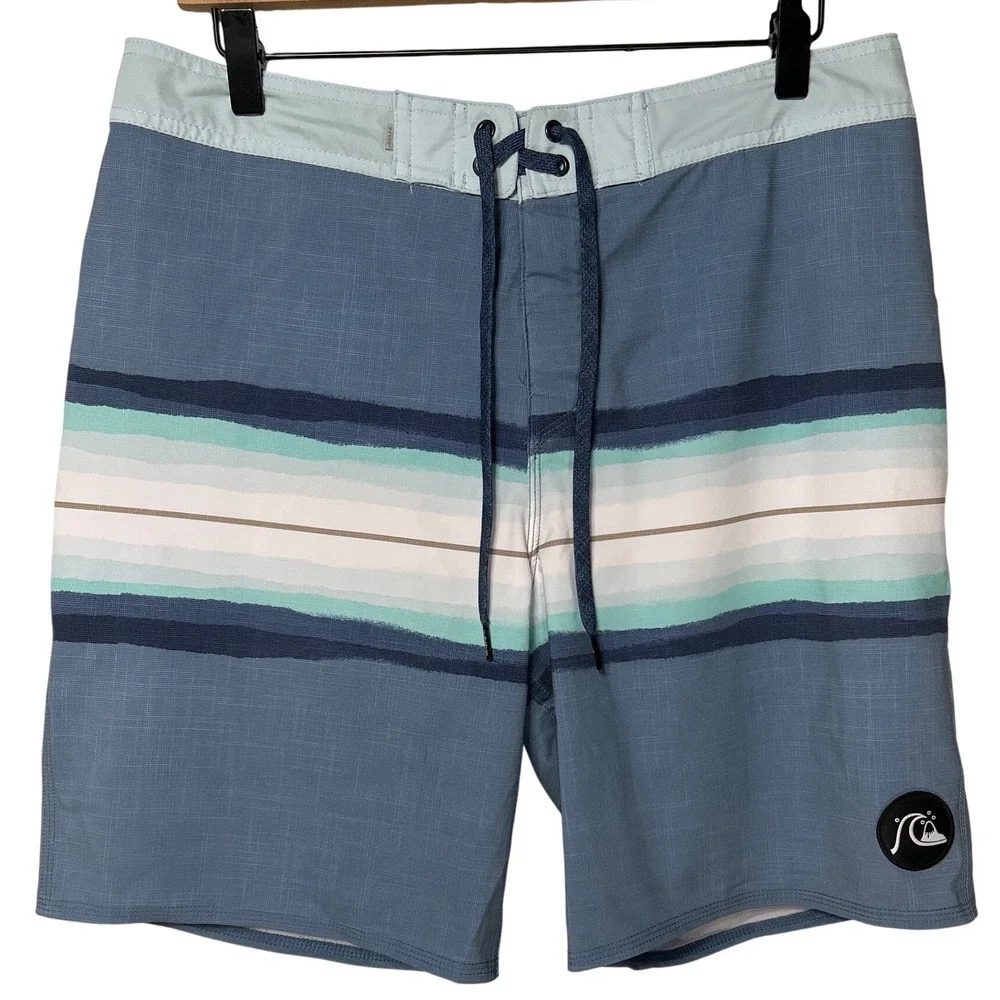 Quiksilver Highline‎ Board Shorts Swim Trunks Blue Turquoise Striped Size 32 EUC